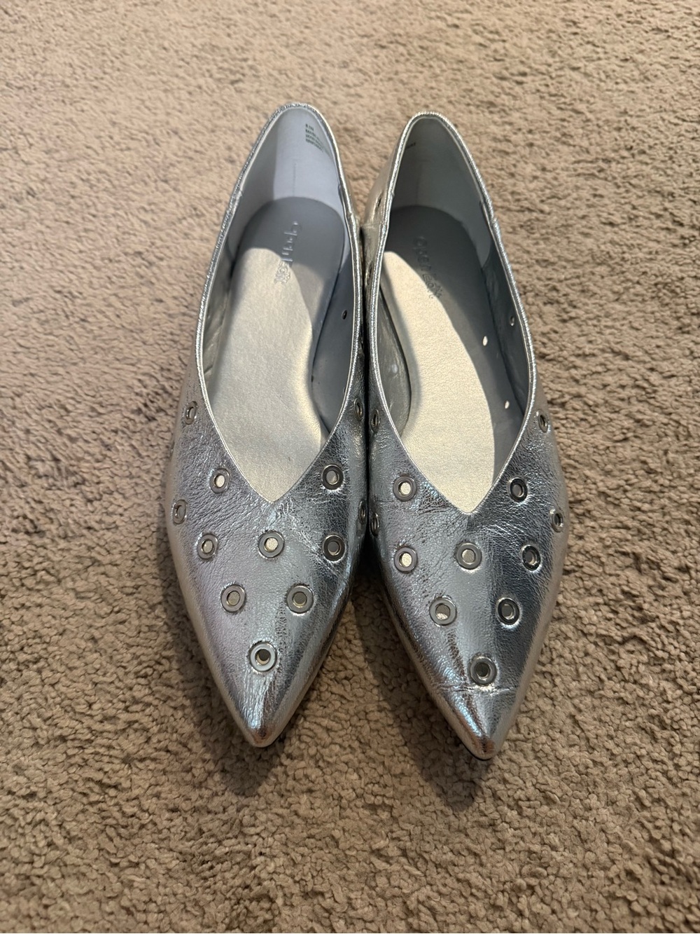 Open Edit Metallic Silver Pointed Toe Women's Flats with Stud Detail